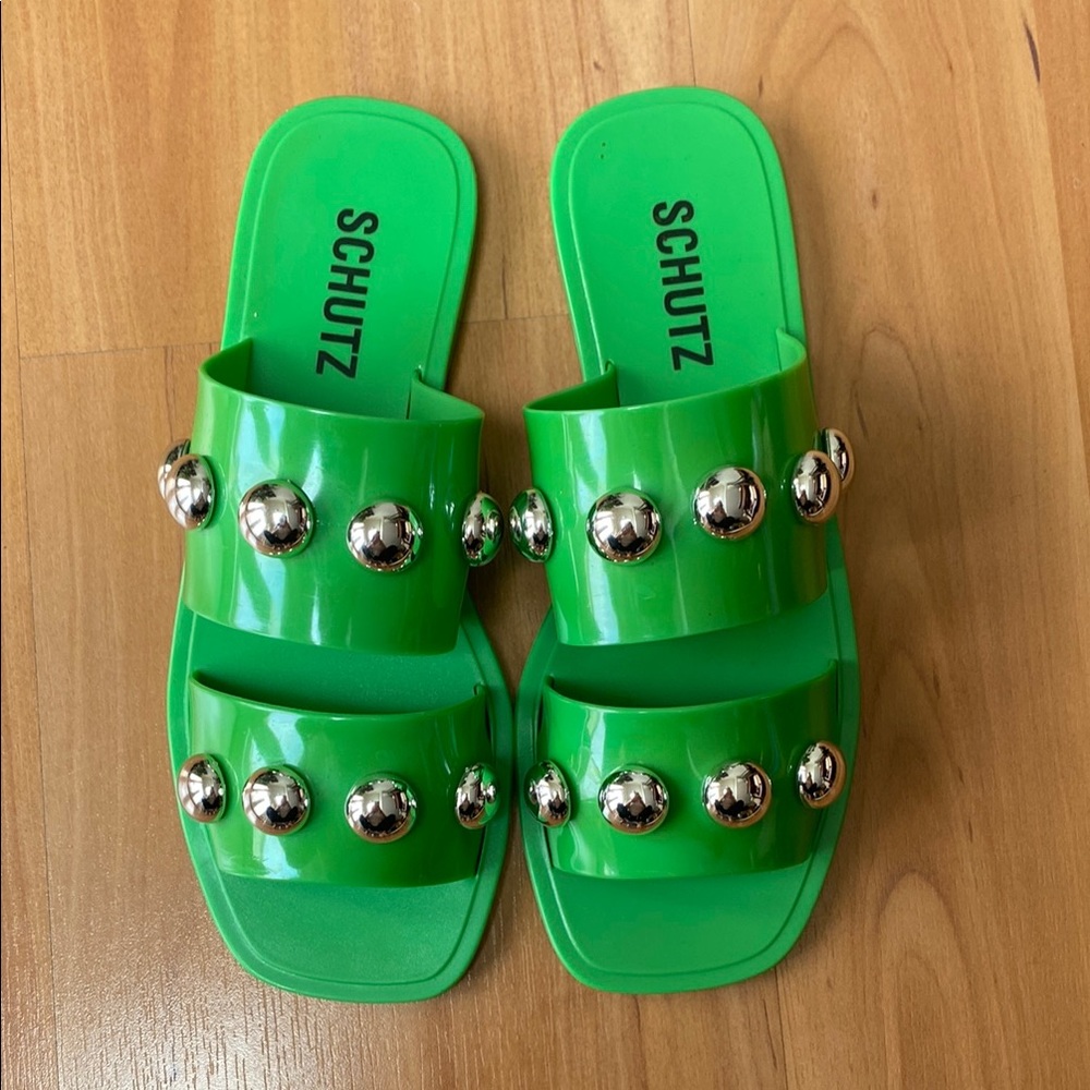 Schutz Green Slide Sandals with Silver Accents